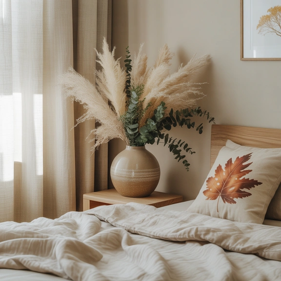 autumn bedroom decor with natural elements; cozy fall bedroom ideas dried flowers and pampas grass
