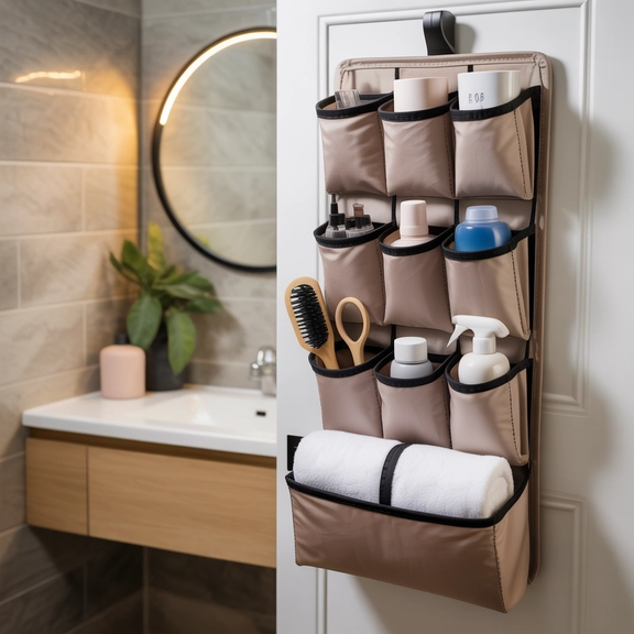 Small modern bathroom with an over-the-door organizer holding toiletries