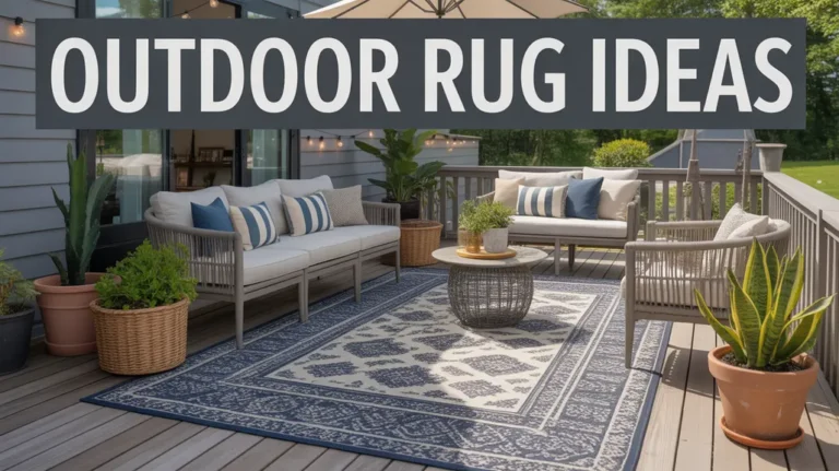 Outdoor patio with a patterned rug, cozy seating, string lights, and plants creating a stylish and inviting outdoor living space.