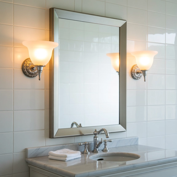 Bathroom mirror with wall sconces on each side, warm lighting, elegant modern design
