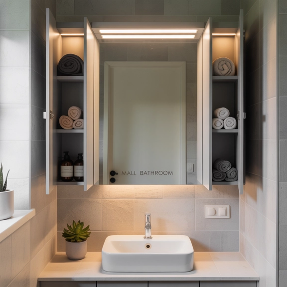 Bathroom with framed wall art, decorative tray on vanity, and cohesive accessories.
