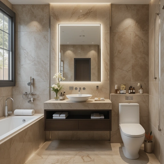 Bathroom mirror ideas with modern round backlit mirror above vanity