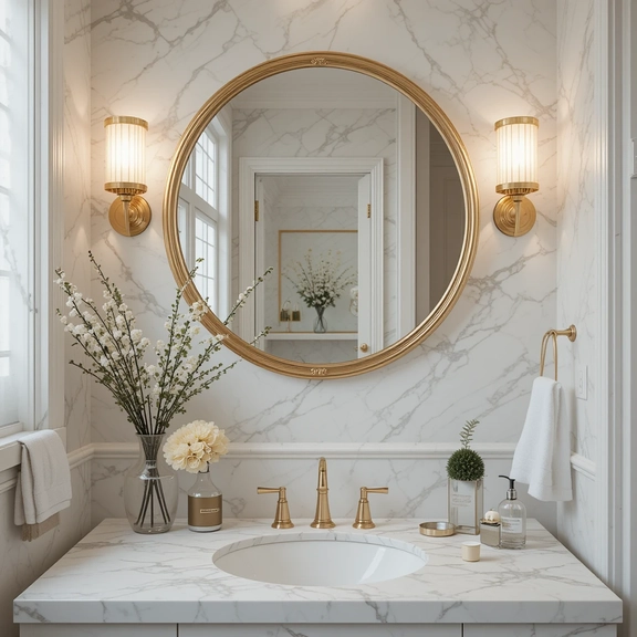 Luxury bathroom with gold framed round mirror and marbel vanity