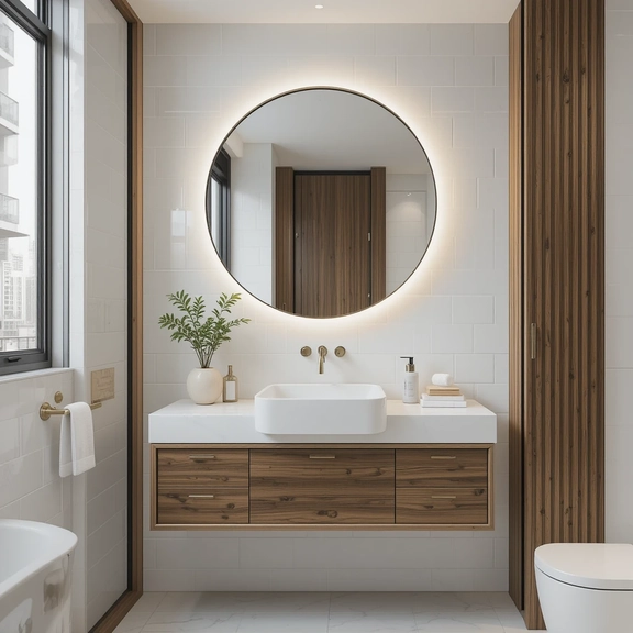 Bathroom mirror ideas with a modern round backlit mirror above the vanity