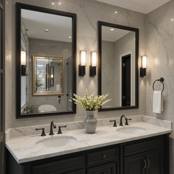 Double bathroom vanity with black framed mirrors, marble countertop, and wall sconces