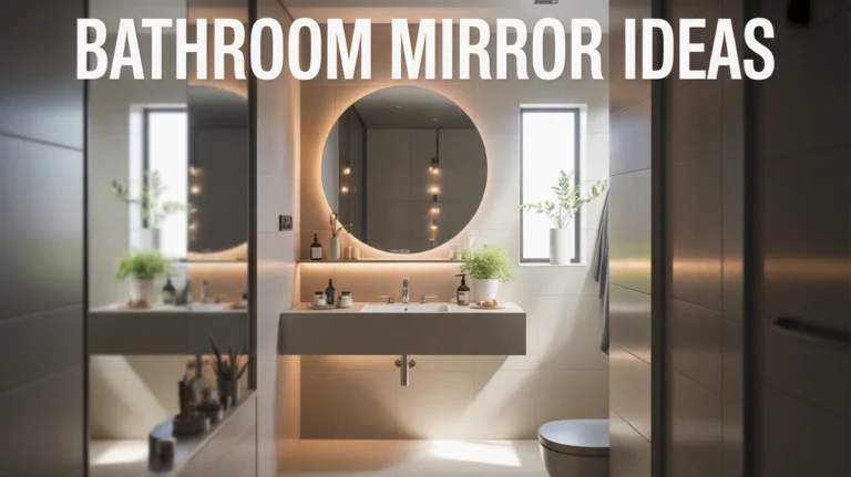 Elegant modern bathroom interior featuring a large round mirror above a floating vanity