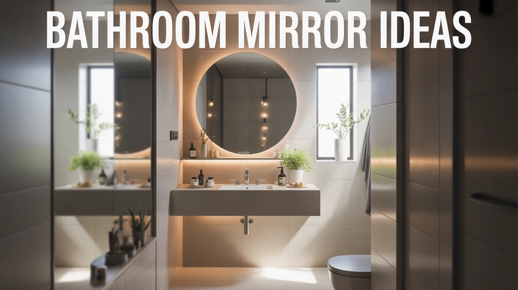 Elegant modern bathroom interior featuring a large round mirror above a floating vanity