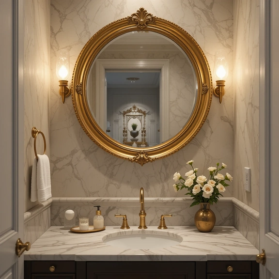 Luxury bathroom with gold framed round mirror and marbel vanity