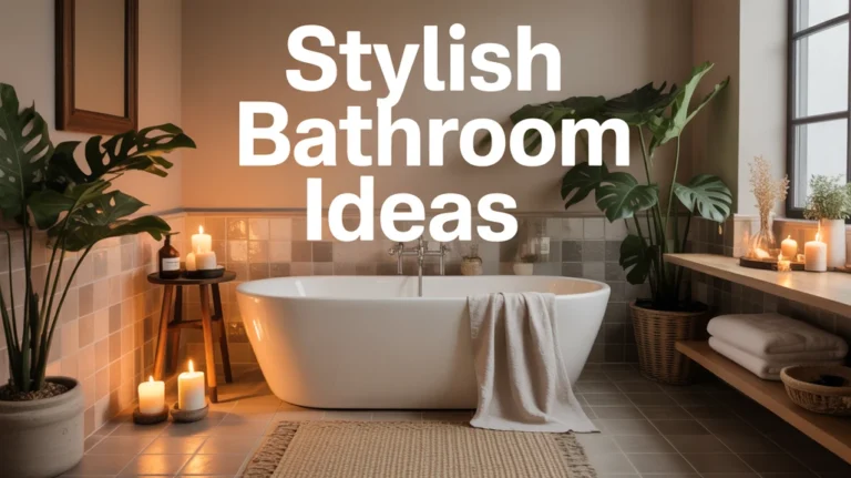 Luxury spa-inspired modern bathroom with a freestanding bathtub, candles, wooden accents, and indoor plants creating a relaxing retreat.
