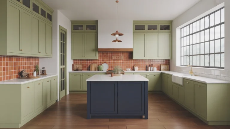 Modern sunlit kitchen, sage green shaker cabinets, terracotta tile backsplash_result