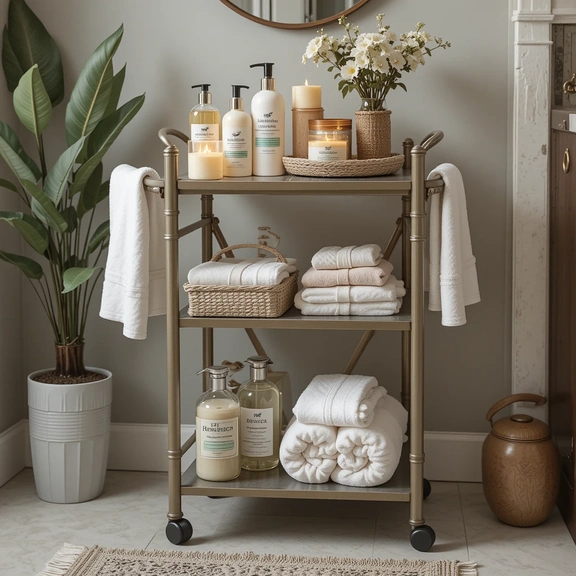Small bathroom storage ideas with organized shelf, rolled towels, and toiletries