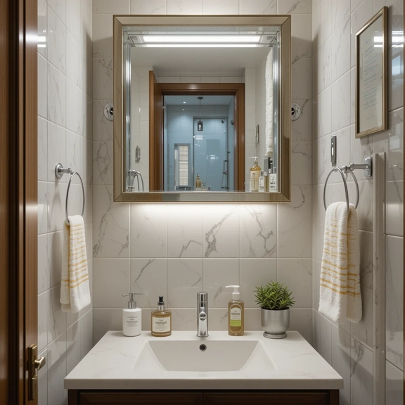 Marble-tile bathroom vanity with illuminated mirror and round towel rings
