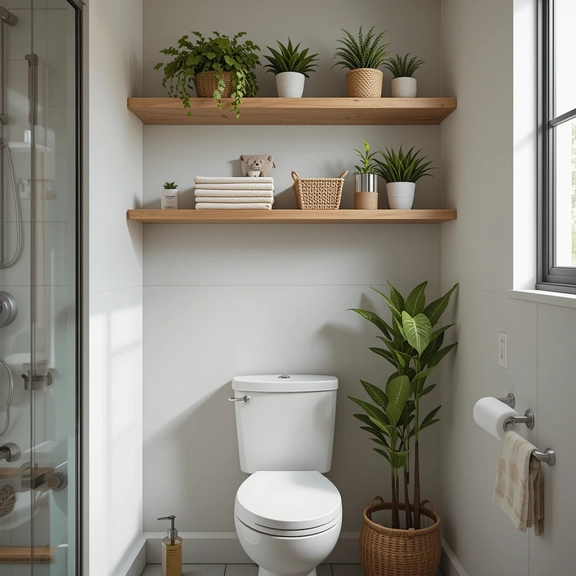 Small bathroom with over-the-toilet wooden shelf, toilet, and potted plant
