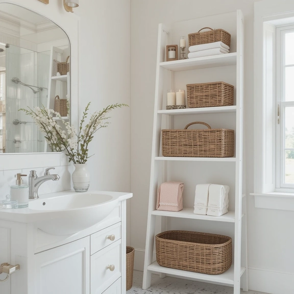 Small bathroom storage ladder shelf with wicker baskets and towels