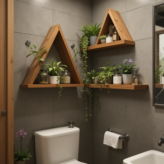 Small bathroom with wooden floating shelves