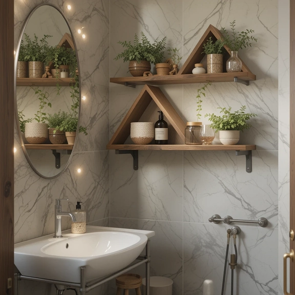 Bathroom mirror with wooden shelves and potted plants