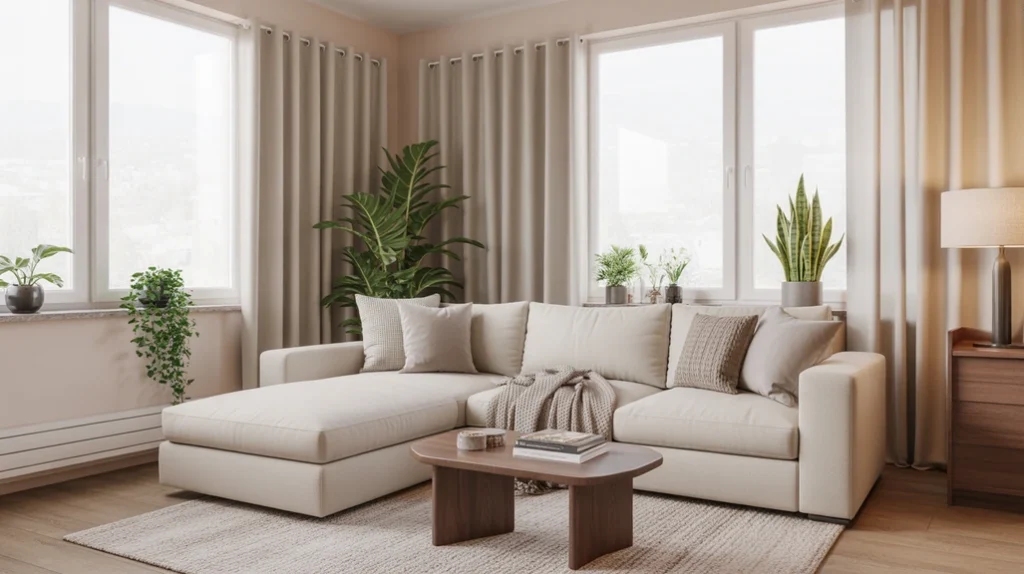 Cozy modern home interior with a beige sectional sofa, textured throw blankets,_result