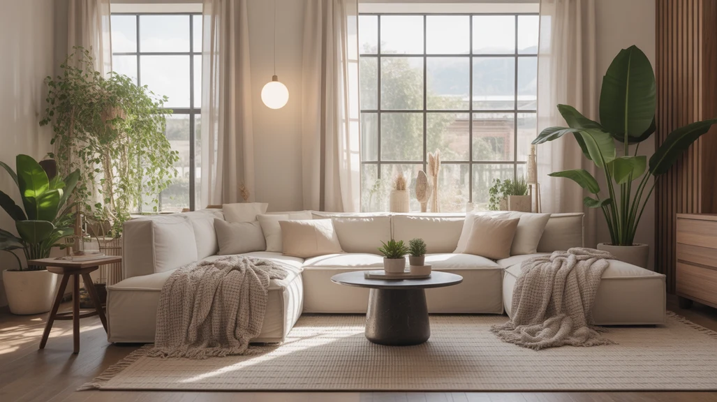 Cozy modern home decor ideas with beige sectional sofa and textured throw blankets