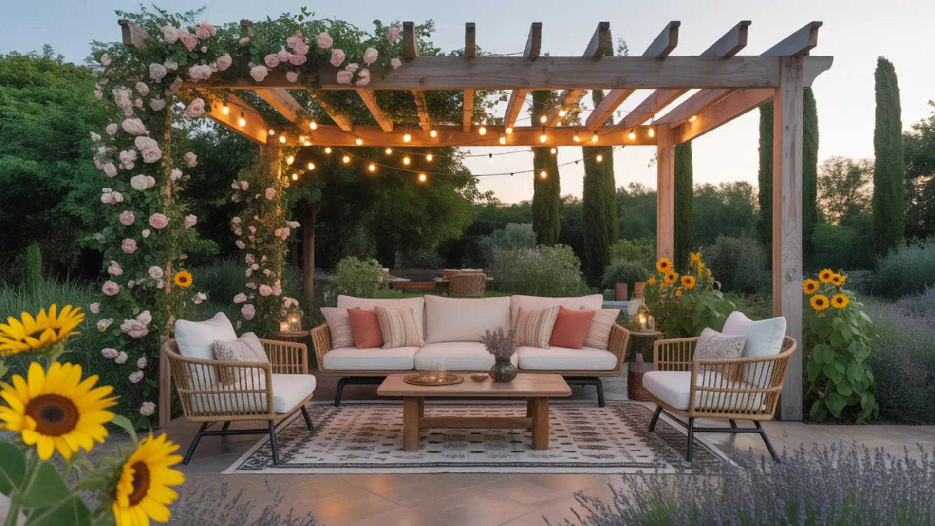 Wide full-length shot of a stunning outdoor living space, featuring a wooden pergola draped_result