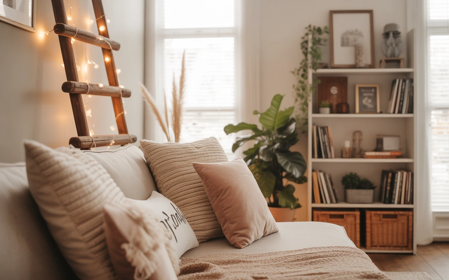 006a Cozy lifestyle interior with warm neutral tones rustic wooden ladder decorated with string result