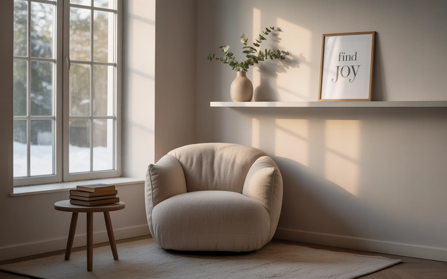 07a Minimalist lifestyle interior neutral color palette cozy reading corner with a single armchair result