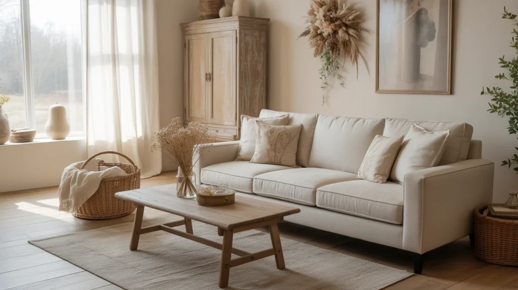 Beige sofa with weathered wood cabinet and dried flowers for a cozy farmhouse style.