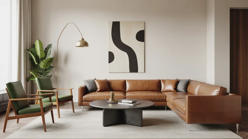 Mixing vintage and modern pieces like antique brass lamps with a contemporary leather sofa
