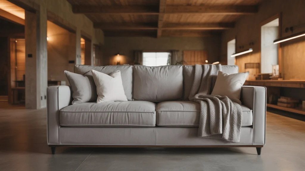 Concrete floor and wooden-beam ceiling with gray sofa for a modern rustic farmhouse look.