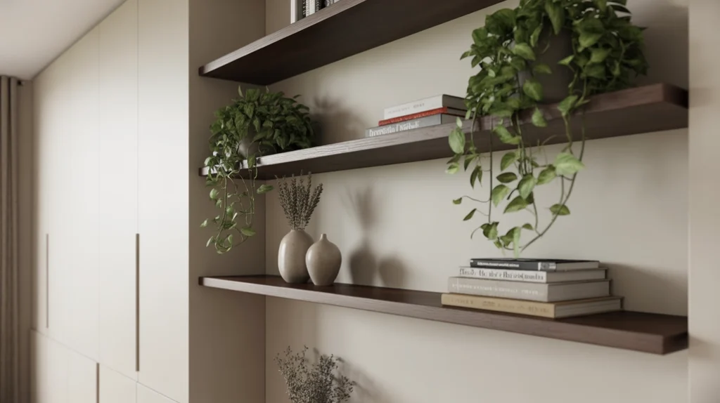 Functional and stylish shelving with dark wood floating shelves, art books, and trailing plants