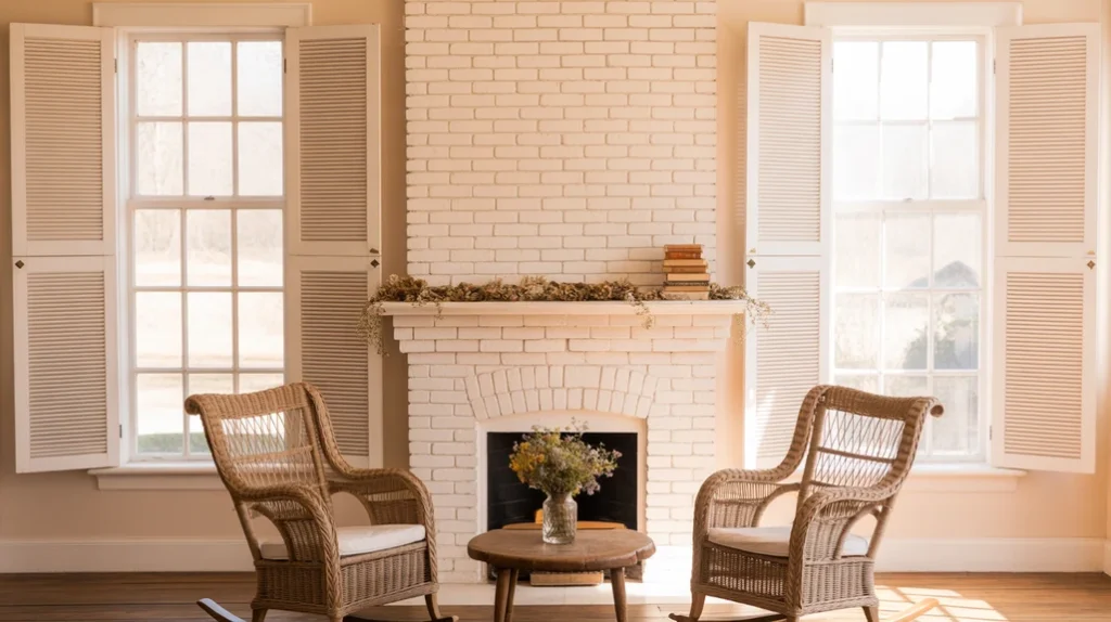 White plantation shutters and brick fireplace adding elegance to rustic farmhouse living room ideas.