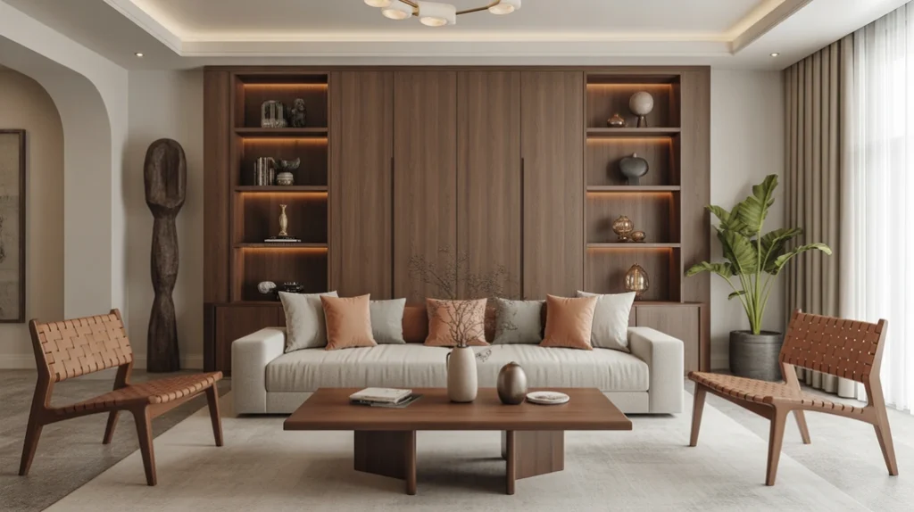 Artisan craftsmanship showcased in a custom walnut coffee table and handwoven leather chairs
