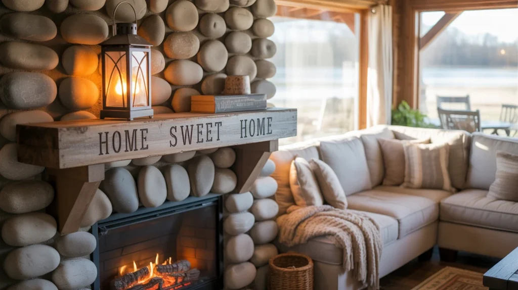 Grand stone fireplace with reclaimed wood mantel and neutral farmhouse furniture.