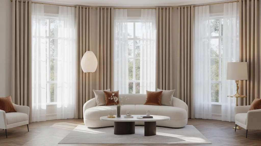 Elegant window treatments with layered sheer and velvet curtains for modern luxury living room decor