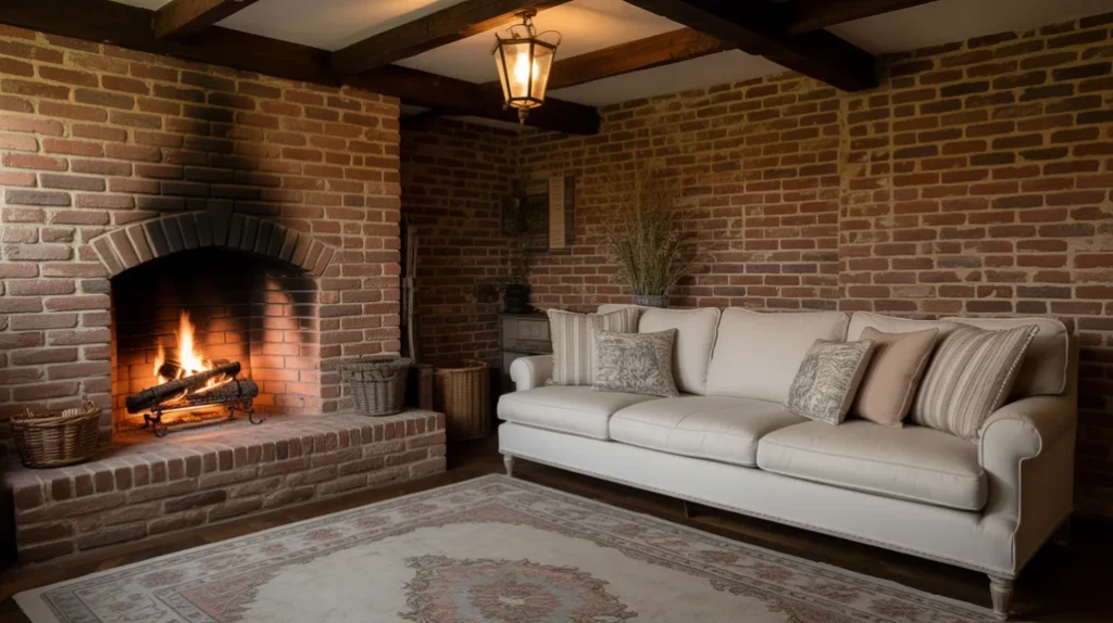 Brick fireplace wall with exposed wooden beams and a vintage rug for farmhouse warmth.