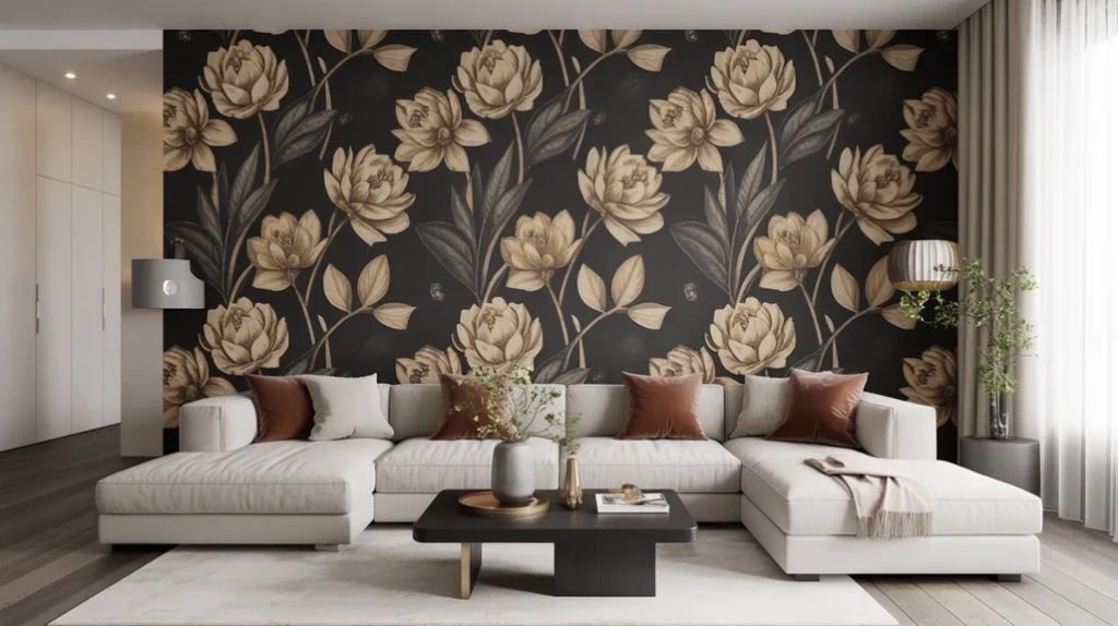 Bold accent wall with black and gold pattern creating drama in a modern luxury living room