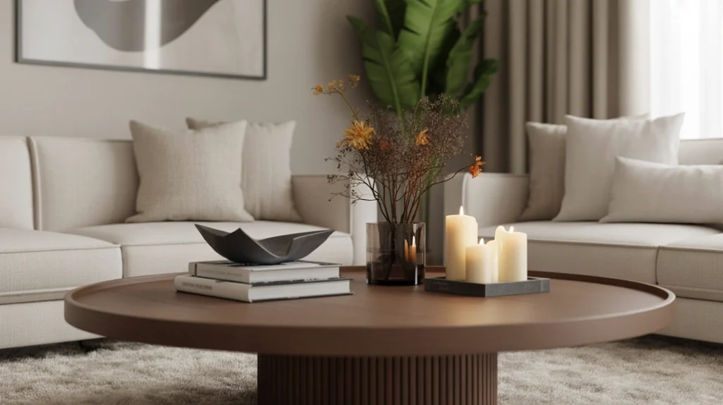 Curated coffee table arrangement with stacked art books, candles, and greenery for a chic living room