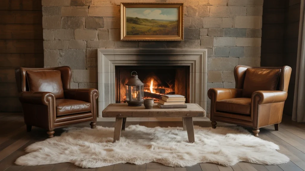 Plush rug and cozy chairs around a stone fireplace for a welcoming rustic farmhouse living room.