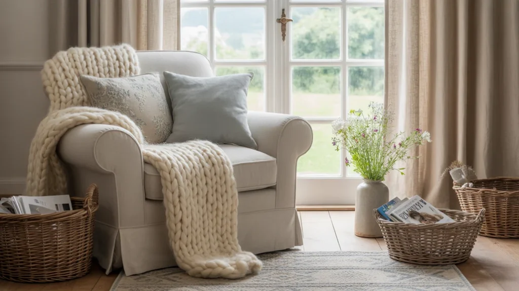 Blue patterned pillows, rattan baskets, and knit throws adding depth to farmhouse decor.