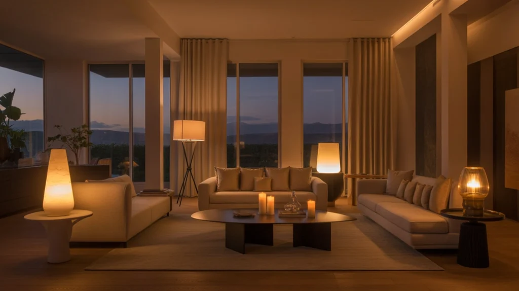 Soft layered lighting with candles, dimmable floor lamps, and warm bulbs creating cozy ambiance