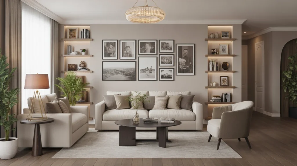 Personalized decorative touches like framed family photos and travel souvenirs for a warm, lived-in space