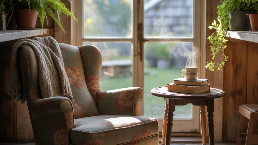 Cozy farmhouse chair and wooden side table beside a large window filled with plants.