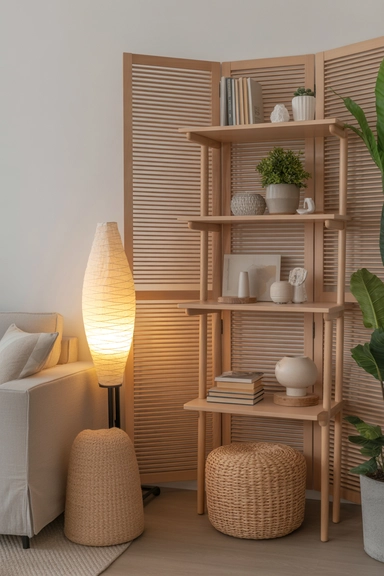 Foldable Room Divider with Integrated Shelves