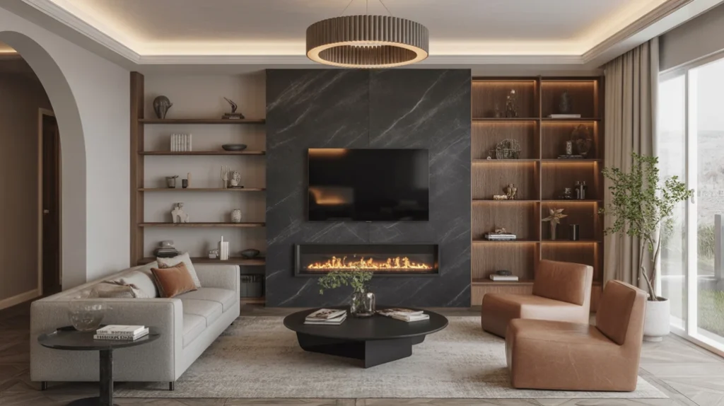 Sleek black marble fireplace surrounded by plush seating as the centerpiece of a modern luxury living room