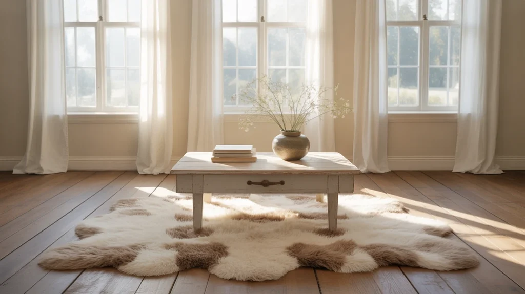 Airy rustic farmhouse living room with white walls, natural-fiber rug, and wooden coffee table.
