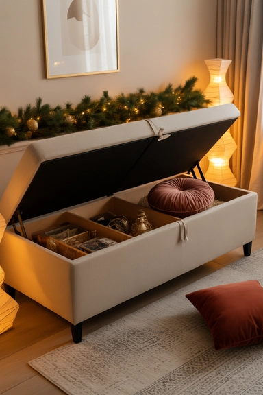 Storage Bench with Hidden Compartments and Soft Textiles