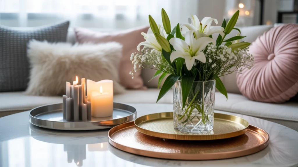 Chic accessories like crystal vases, metallic trays, and textured pillows adding elegance to living room decor