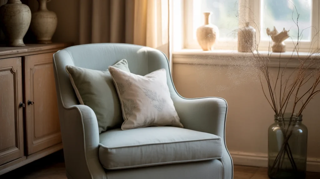 Beige farmhouse living room with blue armchair and green pillows for soft color accents.