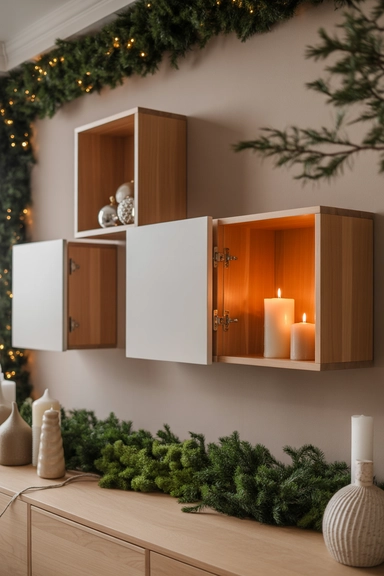  Wall-Mounted Wooden Cubes with Lift-Up Doors