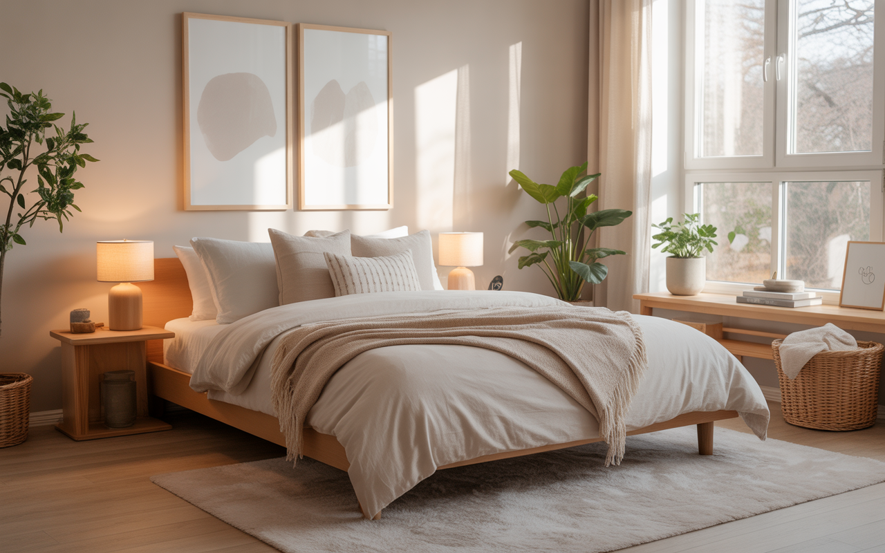 Cozy modern bedroom interior, neutral color palette with soft beige and white tones