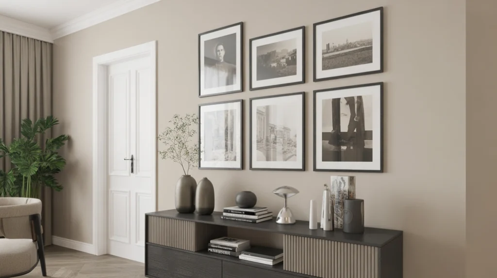 Artful wall decor with mixed framed artwork and minimalist console table in a contemporary living room